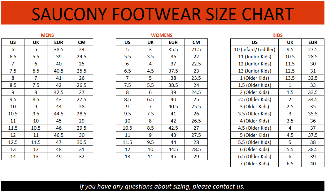 saucony shoes size chart